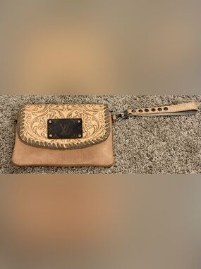 Montana West Genuine Leather Tooled Wristlet Clutch Authentic LV Leather Patch
